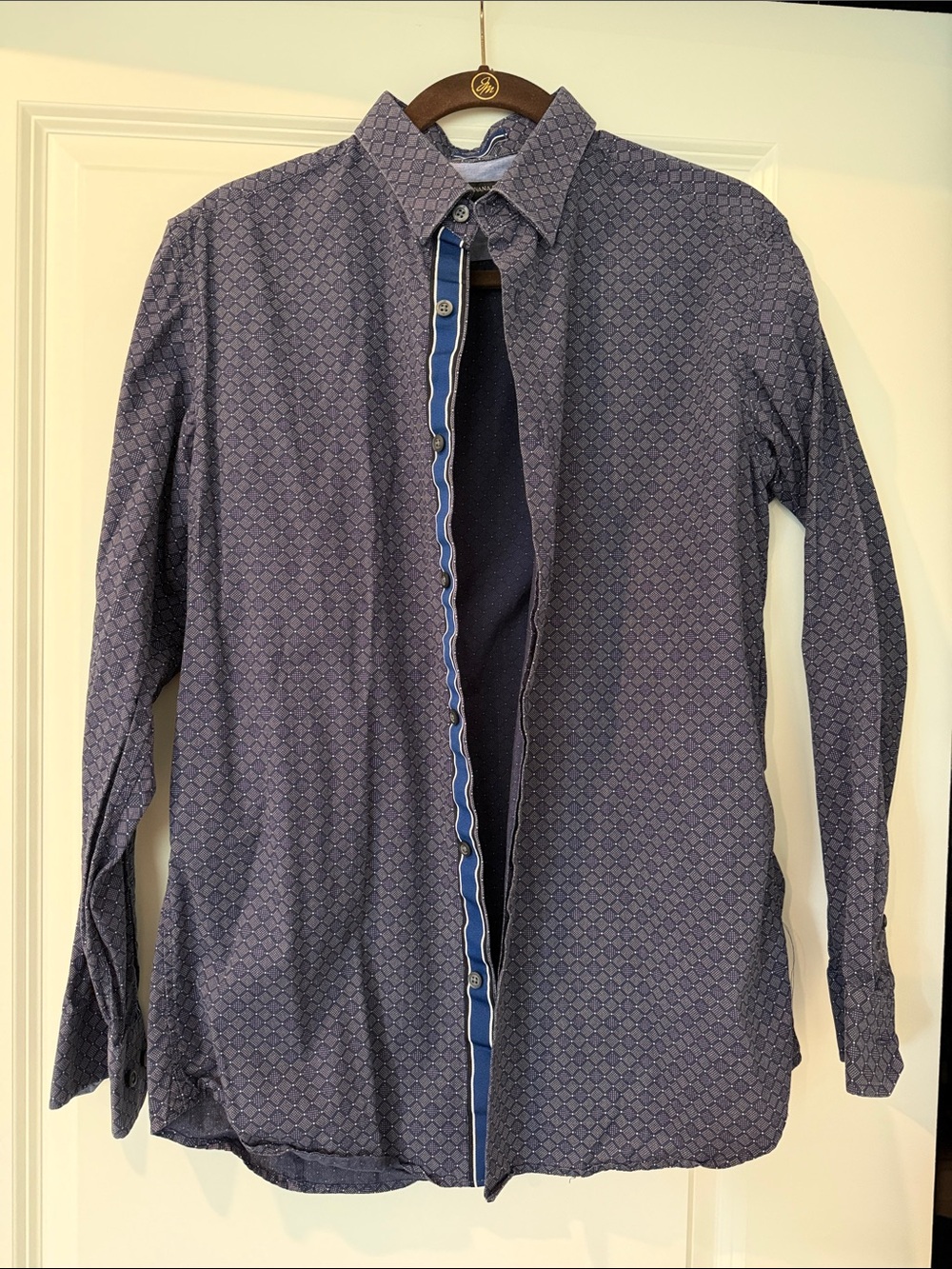 Banana Republic Navy Patterned Slim Fit Shirt with Light Blue Interior